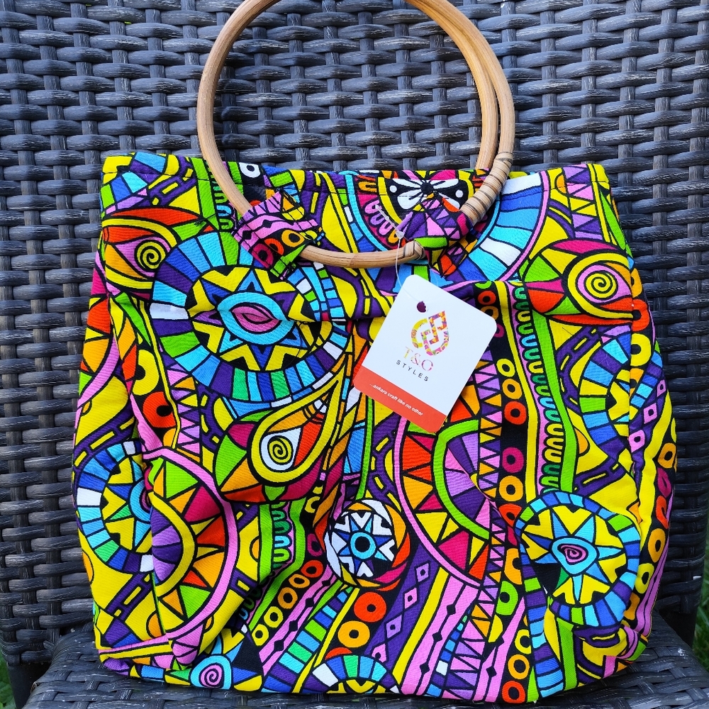 3/$30💜T&C Styles Colorful Geometric Tote with Wooden Handles